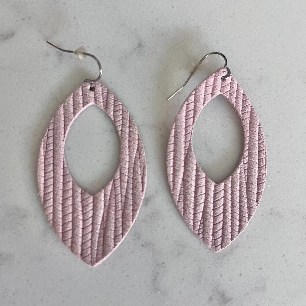 Leather Earrings Lightweight Textured Oblong Oval Light Pink Fashion Accessory